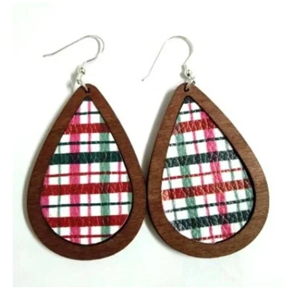 3/$20 Red Green Plaid Check Light Weight Wood Faux Leather Vegan Dangle Earrings - Picture 1 of 1